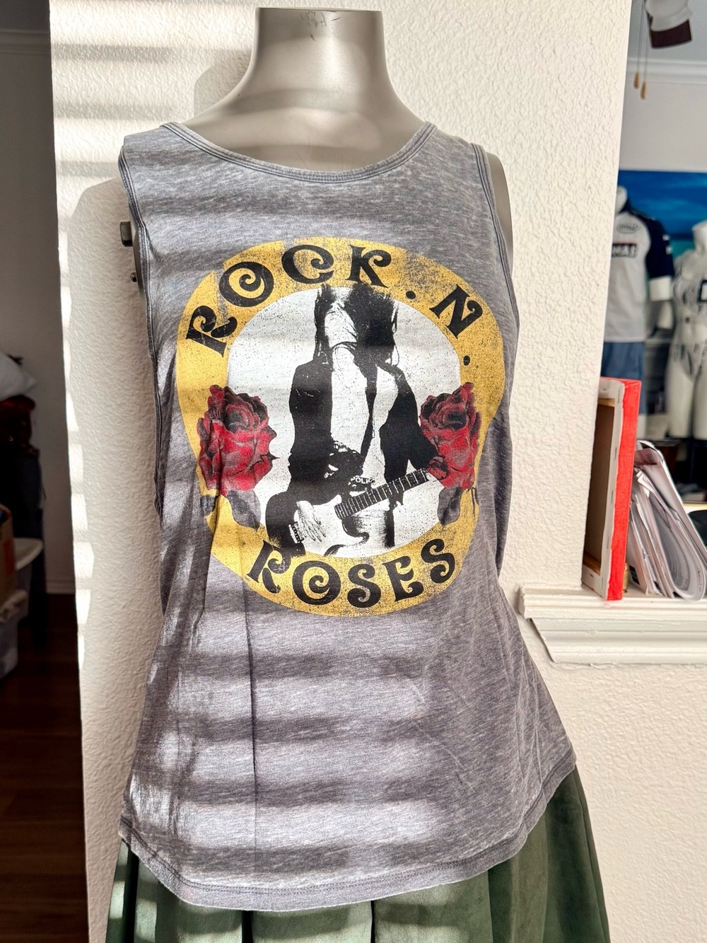Gray Rock N Roses Graphic Tank Top with Yellow & Red Print